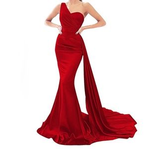 Red Satin Bridesmaid Dress Long Mermaid One Shoulder Formal Prom Gown